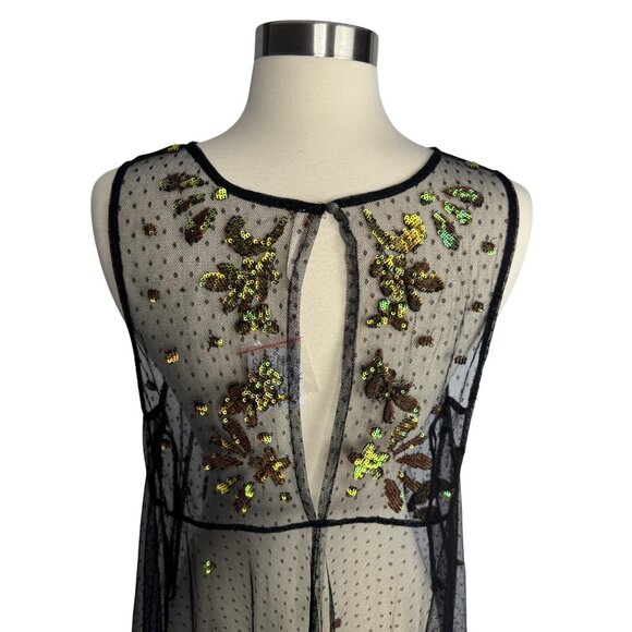 NWT Free People Black Sheer Ruffled Hem‎ Dress Green Gold Sequence Whimsigoth - Picture 8 of 12